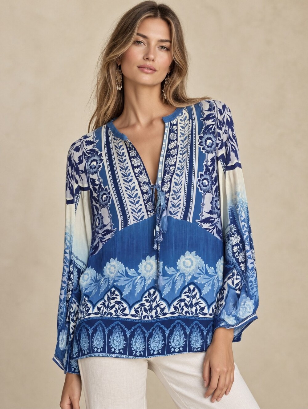 Hale Bob Silk Blue Bohemian Floral Print V-Neck Tie-Neck Tunic Top